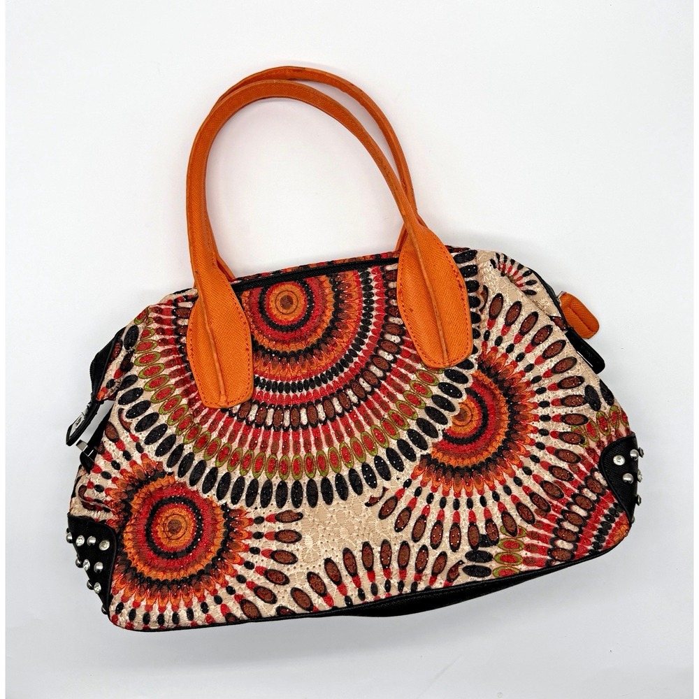 Boho Embroidered Mandala Satchel Handbag Orange Handles Studded Purse
